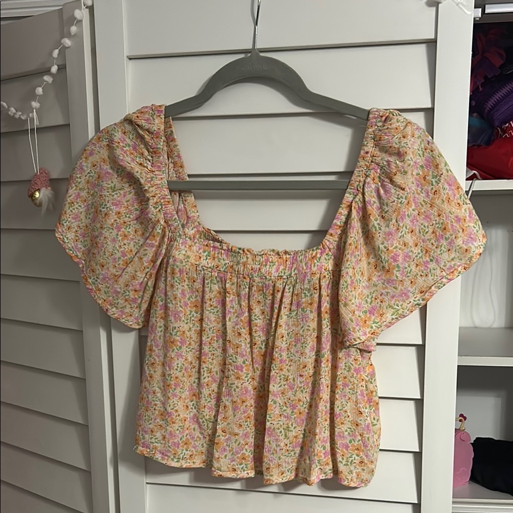 Billabong Pink and Tan Smocked Puff Sleeve Blouse